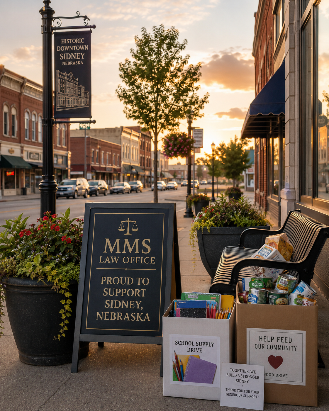 MMS Law Office sign in historic downtown Sidney, Nebraska, alongside a school supply drive and community food drive